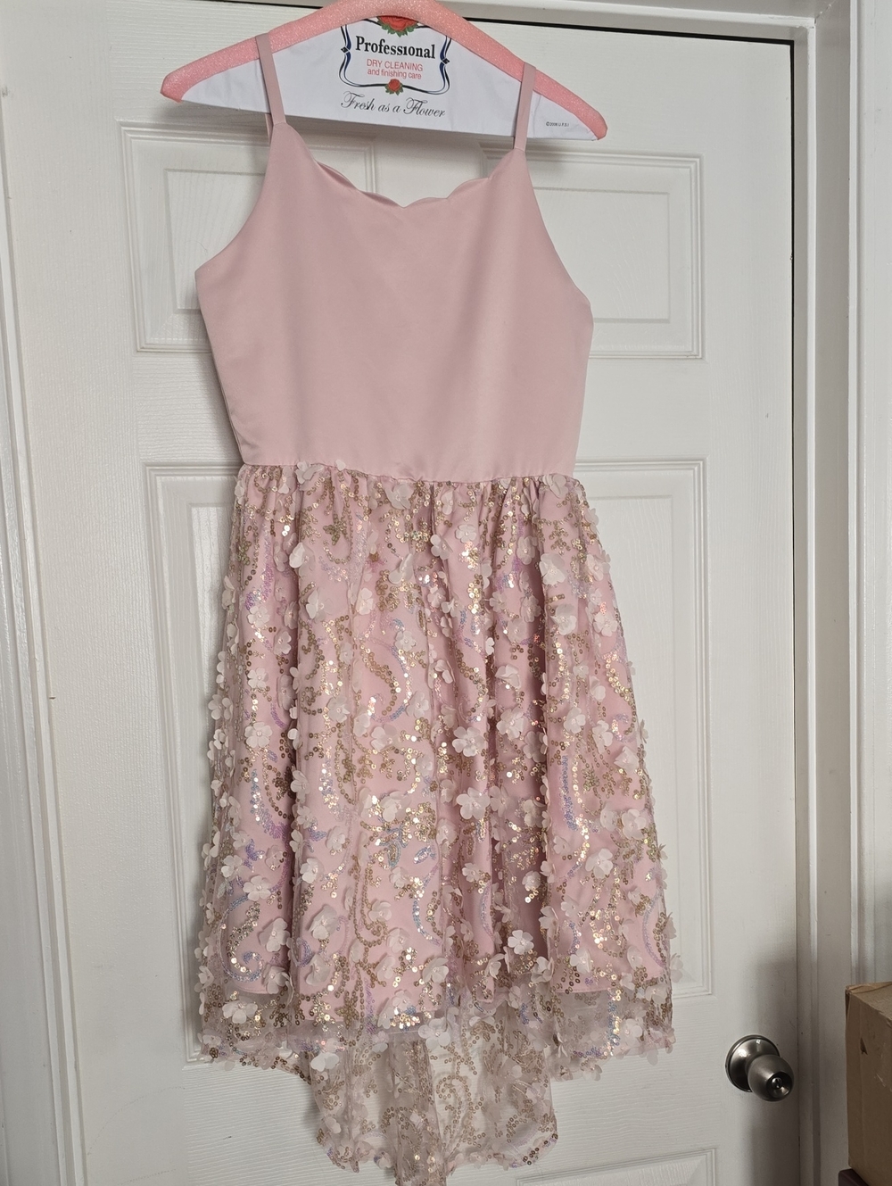 Rare Editions Pink and Gold Sequin Floral High-Low Party Dress